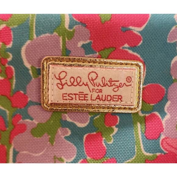 Two Lilly Pulitzer for Estee Lauder PINK Floral Cosmetic Bag Gold Trim Travel - Picture 3 of 5